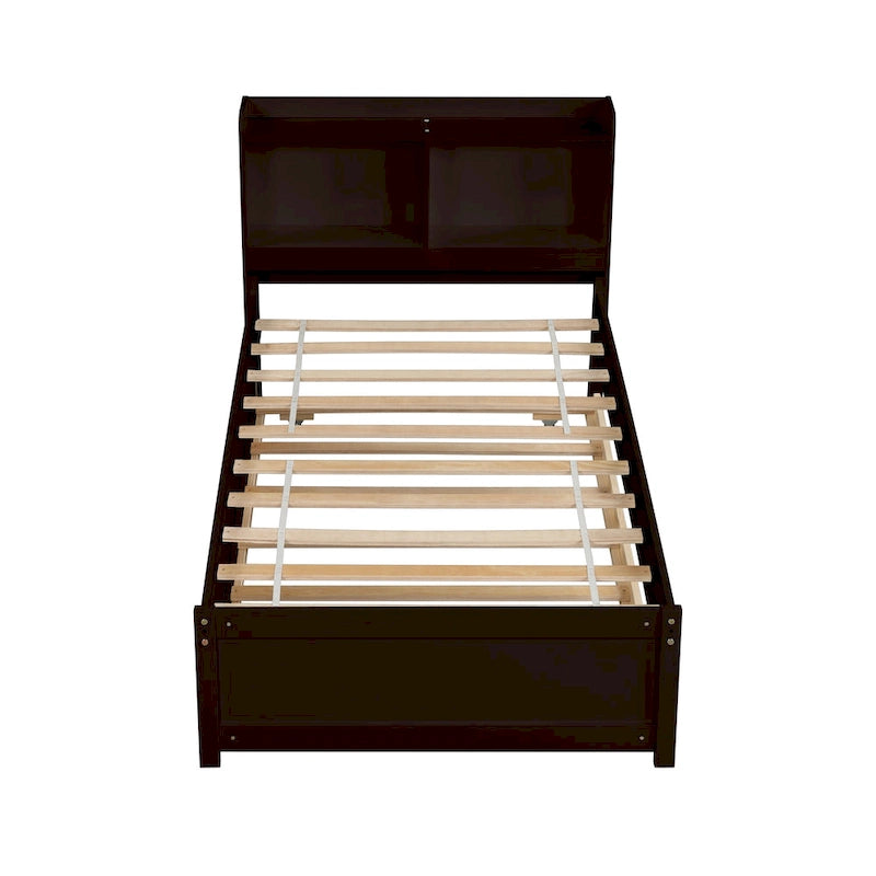 Wood Platform Bed with Trundle Bed, Storage Bed with Bookcase Headboard, Captains Bed, Wood Slat Support, No Box Spring Needed