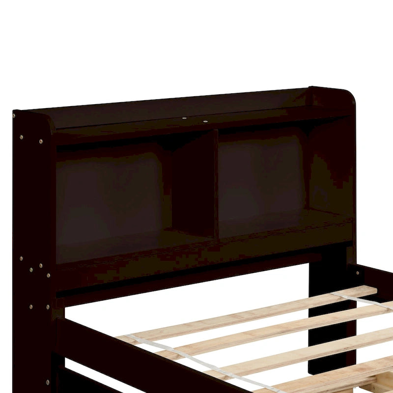 Wood Platform Bed with Trundle Bed, Storage Bed with Bookcase Headboard, Captains Bed, Wood Slat Support, No Box Spring Needed