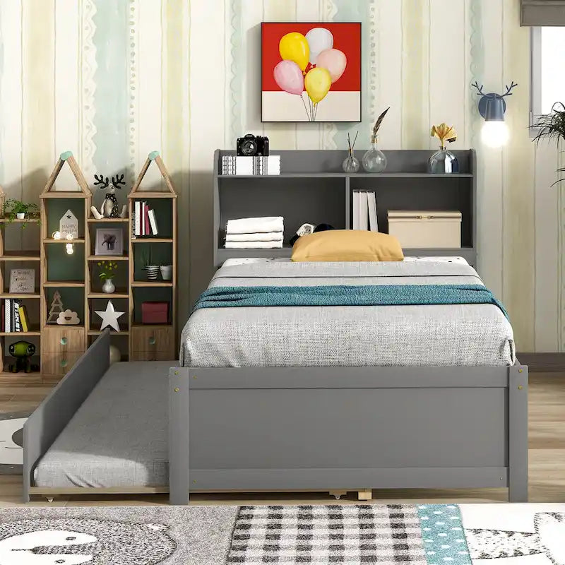Wood Platform Bed with Trundle Bed, Storage Bed with Bookcase Headboard, Captains Bed, Wood Slat Support, No Box Spring Needed