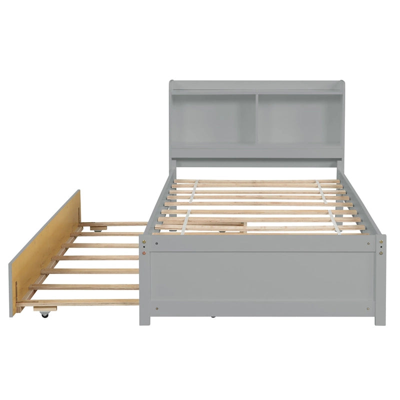 Wood Platform Bed with Trundle Bed, Storage Bed with Bookcase Headboard, Captains Bed, Wood Slat Support, No Box Spring Needed