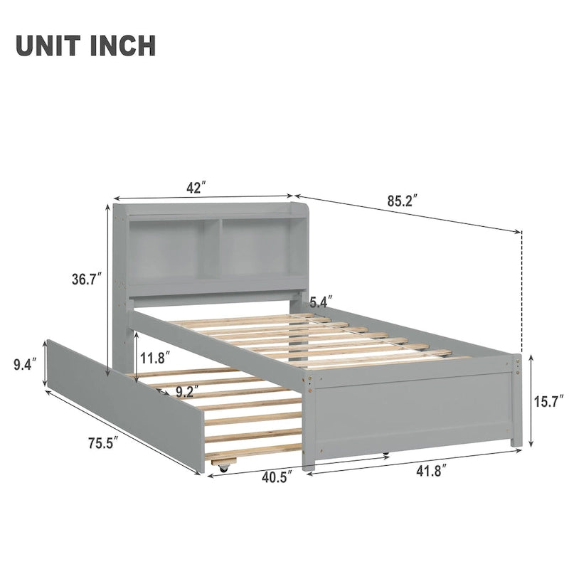 Wood Platform Bed with Trundle Bed, Storage Bed with Bookcase Headboard, Captains Bed, Wood Slat Support, No Box Spring Needed