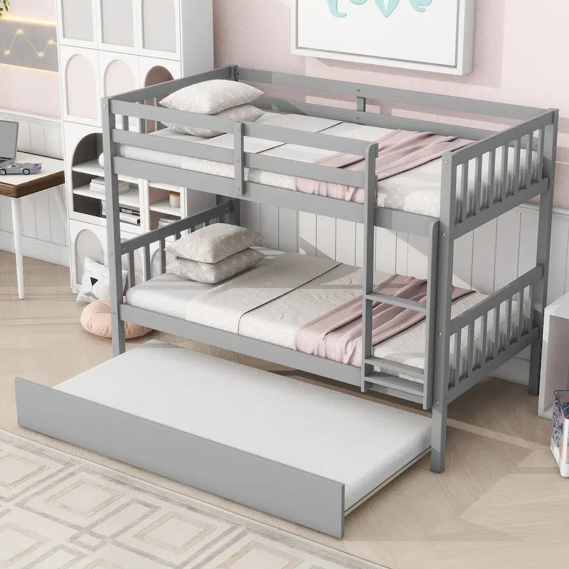 Convertible Bunk Bed into 2 Twin Size Beds, Twin Over Twin Rubber Wood Bed Frame with Ladder and Safety Guardrails, Trundle Bed