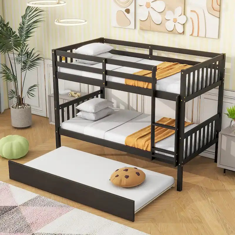 Convertible Bunk Bed into 2 Twin Size Beds, Twin Over Twin Rubber Wood Bed Frame with Ladder and Safety Guardrails, Trundle Bed