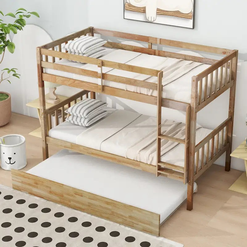 Convertible Bunk Bed into 2 Twin Size Beds, Twin Over Twin Rubber Wood Bed Frame with Ladder and Safety Guardrails, Trundle Bed