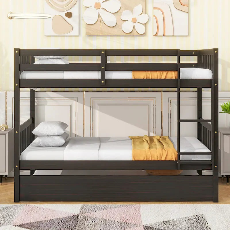Convertible Bunk Bed into 2 Twin Size Beds, Twin Over Twin Rubber Wood Bed Frame with Ladder and Safety Guardrails, Trundle Bed