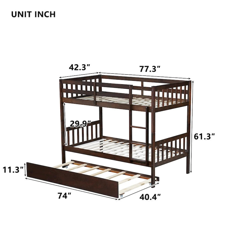Convertible Bunk Bed into 2 Twin Size Beds, Twin Over Twin Rubber Wood Bed Frame with Ladder and Safety Guardrails, Trundle Bed