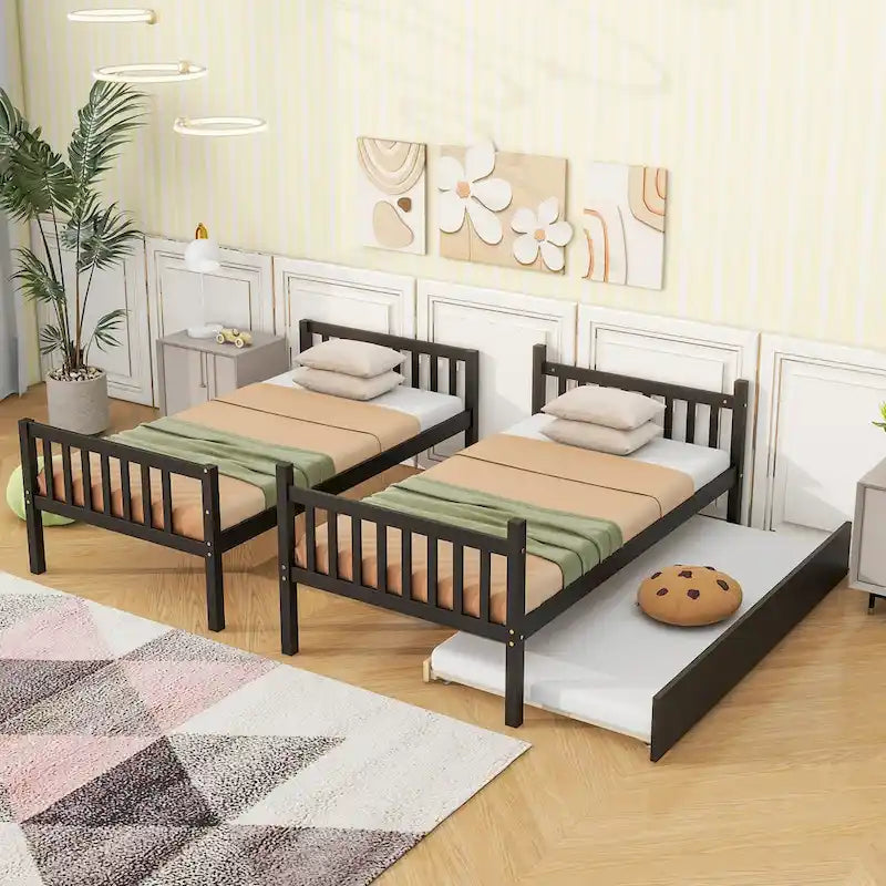 Convertible Bunk Bed into 2 Twin Size Beds, Twin Over Twin Rubber Wood Bed Frame with Ladder and Safety Guardrails, Trundle Bed