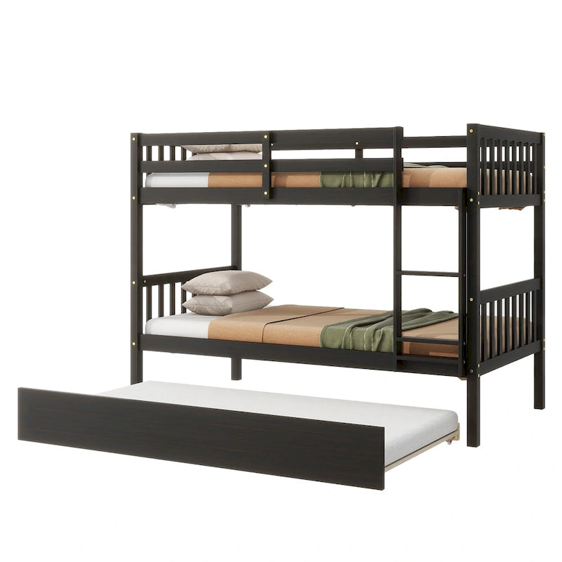 Convertible Bunk Bed into 2 Twin Size Beds, Twin Over Twin Rubber Wood Bed Frame with Ladder and Safety Guardrails, Trundle Bed