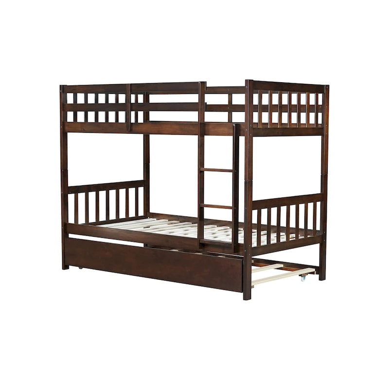 Convertible Bunk Bed into 2 Twin Size Beds, Twin Over Twin Rubber Wood Bed Frame with Ladder and Safety Guardrails, Trundle Bed
