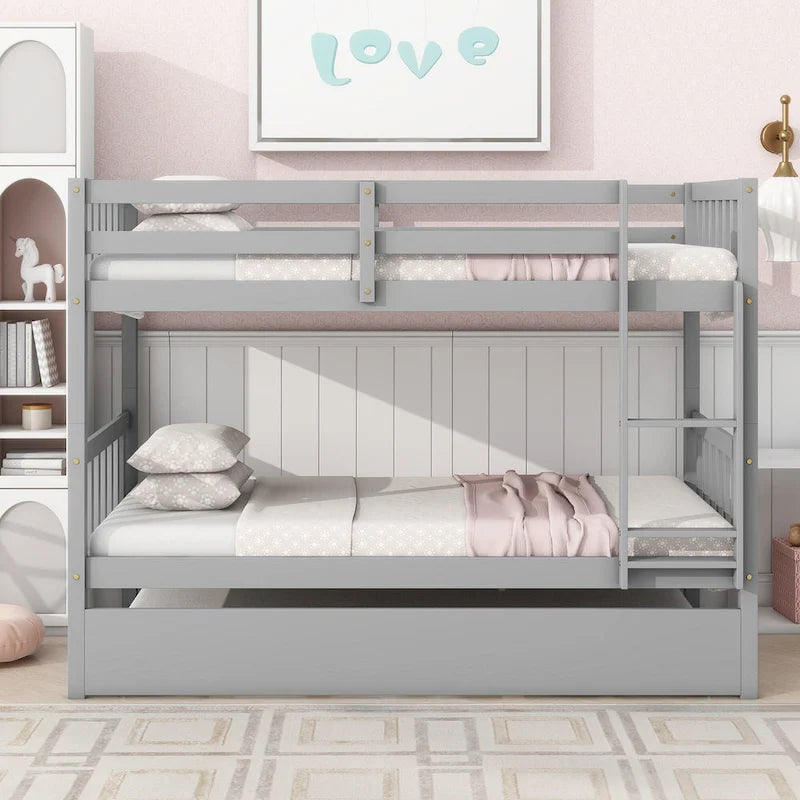 Convertible Bunk Bed into 2 Twin Size Beds, Twin Over Twin Rubber Wood Bed Frame with Ladder and Safety Guardrails, Trundle Bed