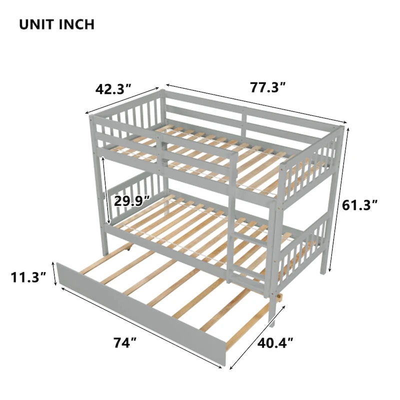 Convertible Bunk Bed into 2 Twin Size Beds, Twin Over Twin Rubber Wood Bed Frame with Ladder and Safety Guardrails, Trundle Bed