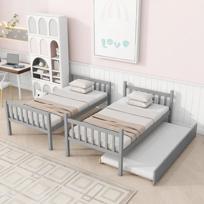 Convertible Bunk Bed into 2 Twin Size Beds, Twin Over Twin Rubber Wood Bed Frame with Ladder and Safety Guardrails, Trundle Bed