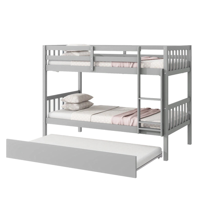 Convertible Bunk Bed into 2 Twin Size Beds, Twin Over Twin Rubber Wood Bed Frame with Ladder and Safety Guardrails, Trundle Bed