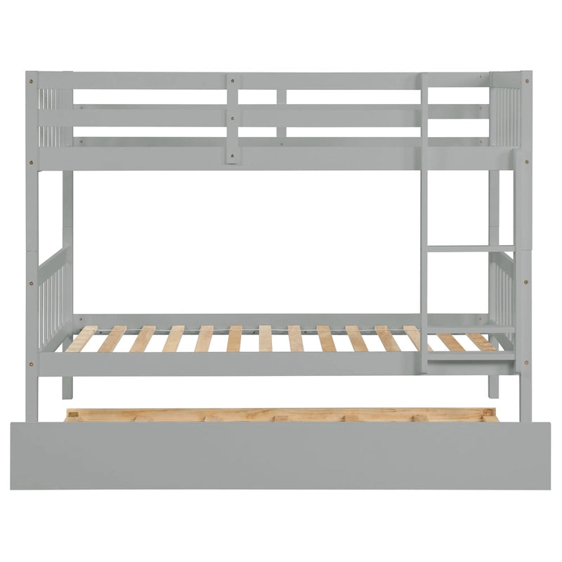 Convertible Bunk Bed into 2 Twin Size Beds, Twin Over Twin Rubber Wood Bed Frame with Ladder and Safety Guardrails, Trundle Bed