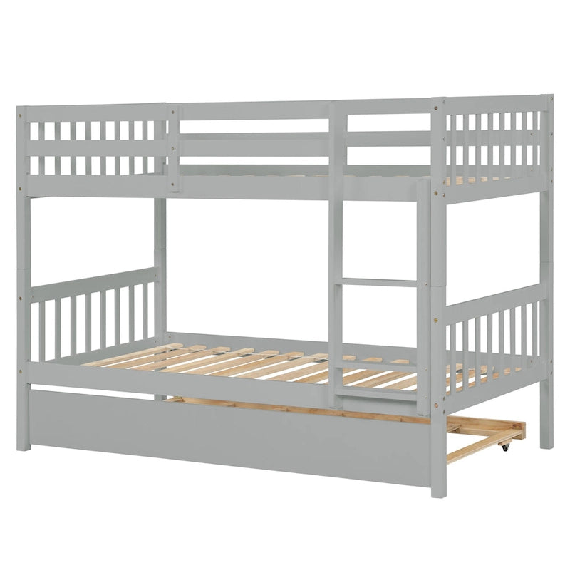 Convertible Bunk Bed into 2 Twin Size Beds, Twin Over Twin Rubber Wood Bed Frame with Ladder and Safety Guardrails, Trundle Bed