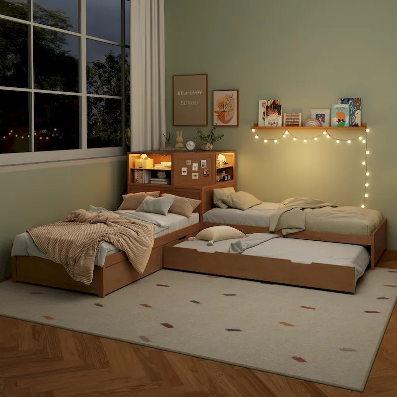 L-shaped Twin Size Floor Bed with Trundle and Drawers, 3-in-1 Corner Low Profile Platform Bed with Bookcase Built-in Downlights