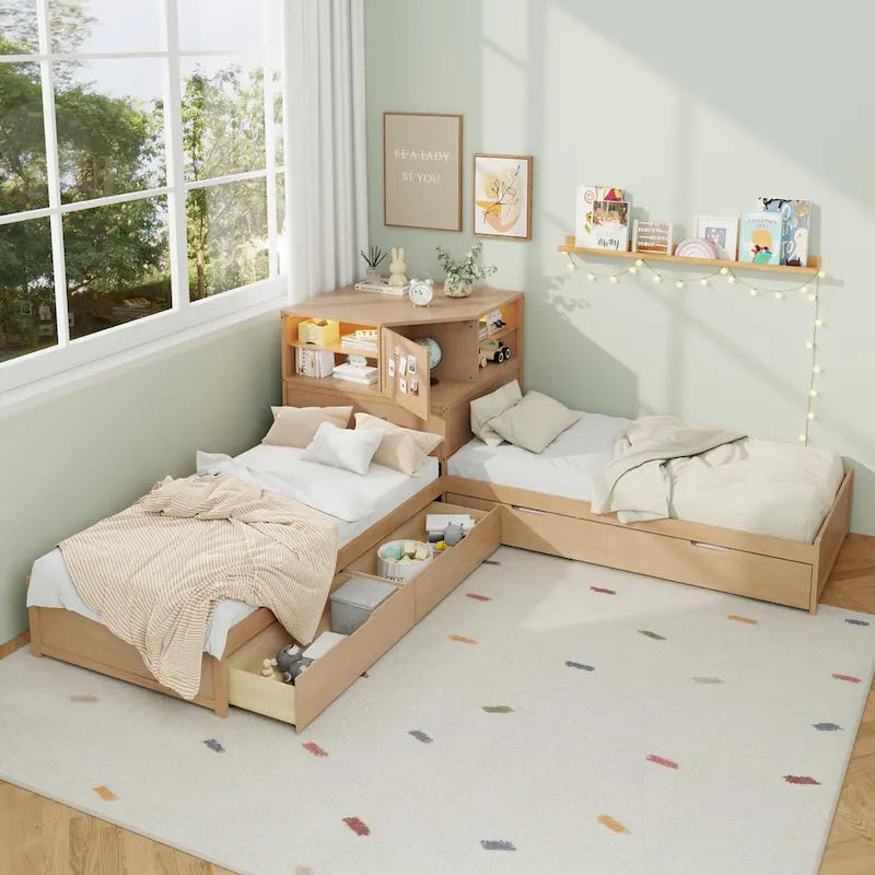 L-shaped Twin Size Floor Bed with Trundle and Drawers, 3-in-1 Corner Low Profile Platform Bed with Bookcase Built-in Downlights