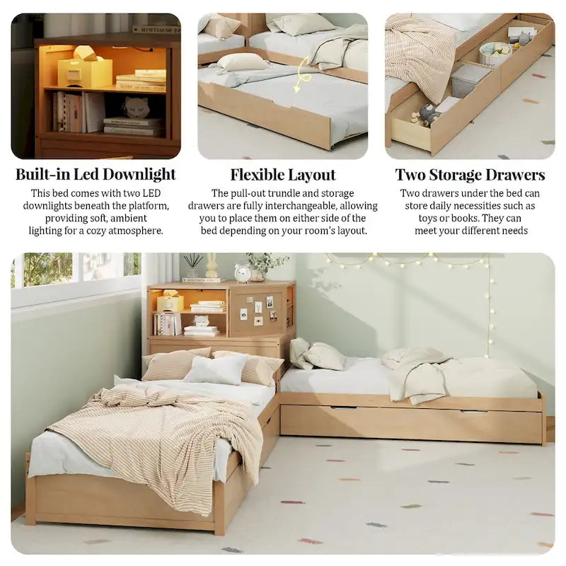 L-shaped Twin Size Floor Bed with Trundle and Drawers, 3-in-1 Corner Low Profile Platform Bed with Bookcase Built-in Downlights