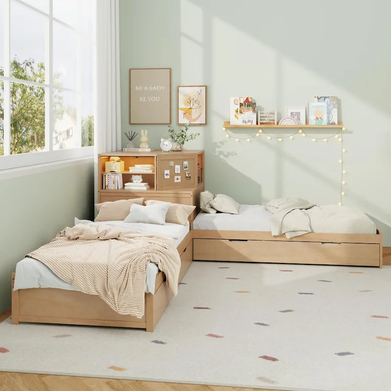 L-shaped Twin Size Floor Bed with Trundle and Drawers, 3-in-1 Corner Low Profile Platform Bed with Bookcase Built-in Downlights
