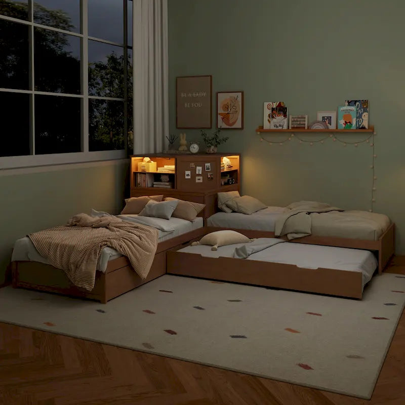 L-shaped Twin Size Floor Bed with Trundle and Drawers, 3-in-1 Corner Low Profile Platform Bed with Bookcase Built-in Downlights