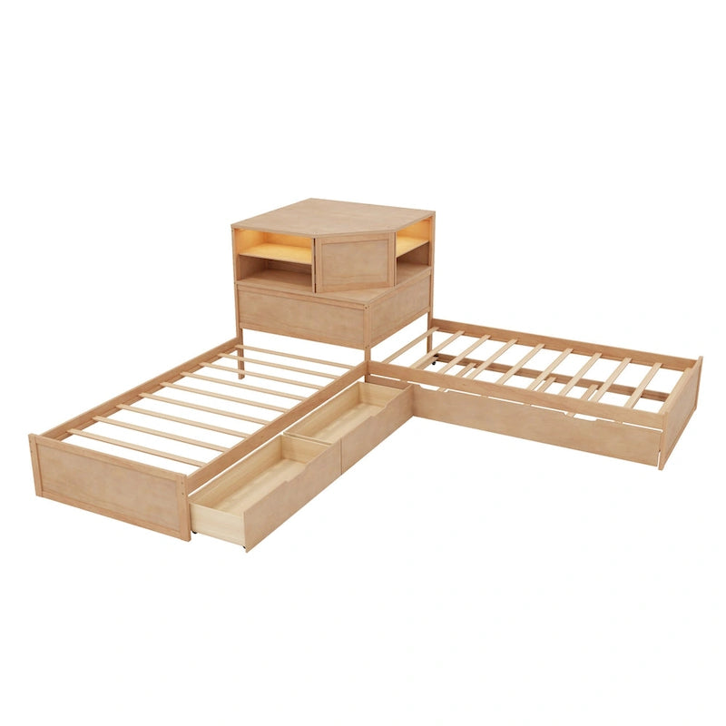 L-shaped Twin Size Floor Bed with Trundle and Drawers, 3-in-1 Corner Low Profile Platform Bed with Bookcase Built-in Downlights