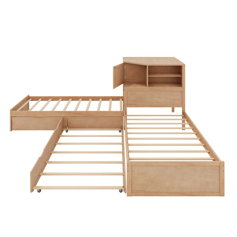 L-shaped Twin Size Floor Bed with Trundle and Drawers, 3-in-1 Corner Low Profile Platform Bed with Bookcase Built-in Downlights