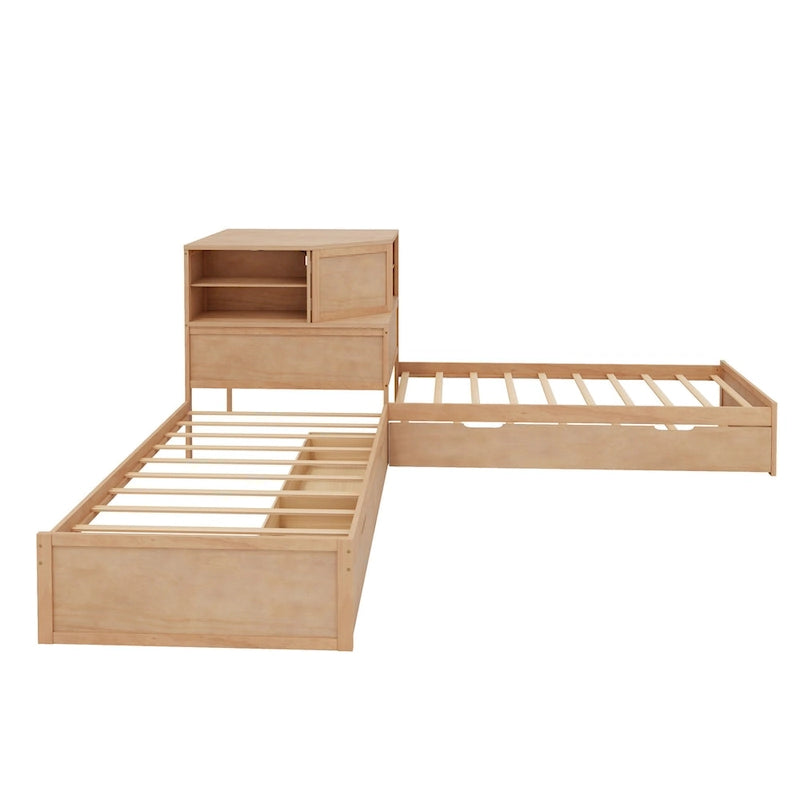L-shaped Twin Size Floor Bed with Trundle and Drawers, 3-in-1 Corner Low Profile Platform Bed with Bookcase Built-in Downlights