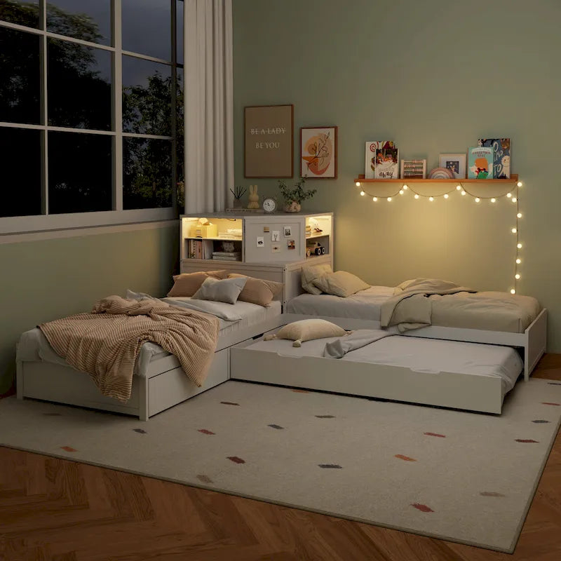L-shaped Twin Size Floor Bed with Trundle and Drawers, 3-in-1 Corner Low Profile Platform Bed with Bookcase Built-in Downlights