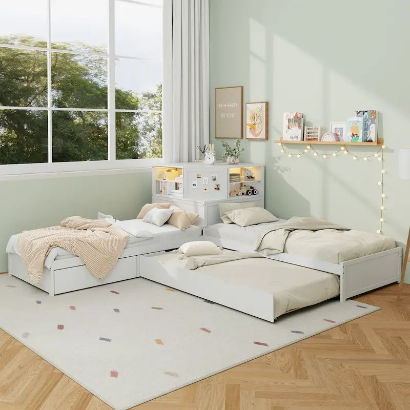 L-shaped Twin Size Floor Bed with Trundle and Drawers, 3-in-1 Corner Low Profile Platform Bed with Bookcase Built-in Downlights