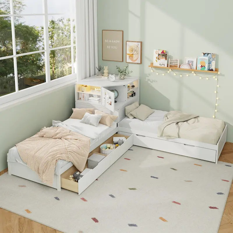 L-shaped Twin Size Floor Bed with Trundle and Drawers, 3-in-1 Corner Low Profile Platform Bed with Bookcase Built-in Downlights