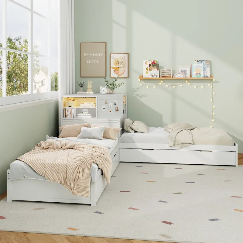 L-shaped Twin Size Floor Bed with Trundle and Drawers, 3-in-1 Corner Low Profile Platform Bed with Bookcase Built-in Downlights