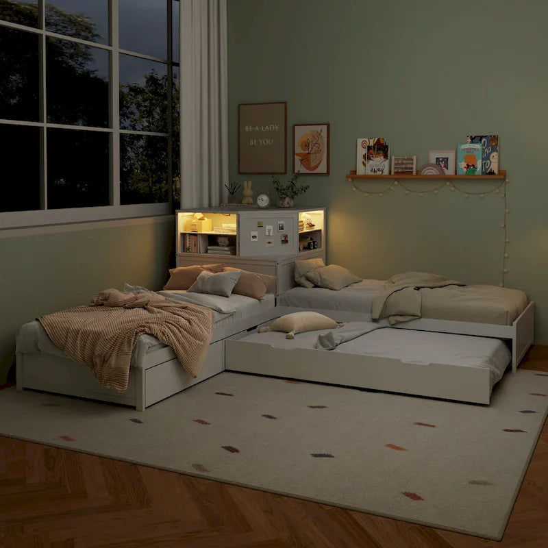 L-shaped Twin Size Floor Bed with Trundle and Drawers, 3-in-1 Corner Low Profile Platform Bed with Bookcase Built-in Downlights