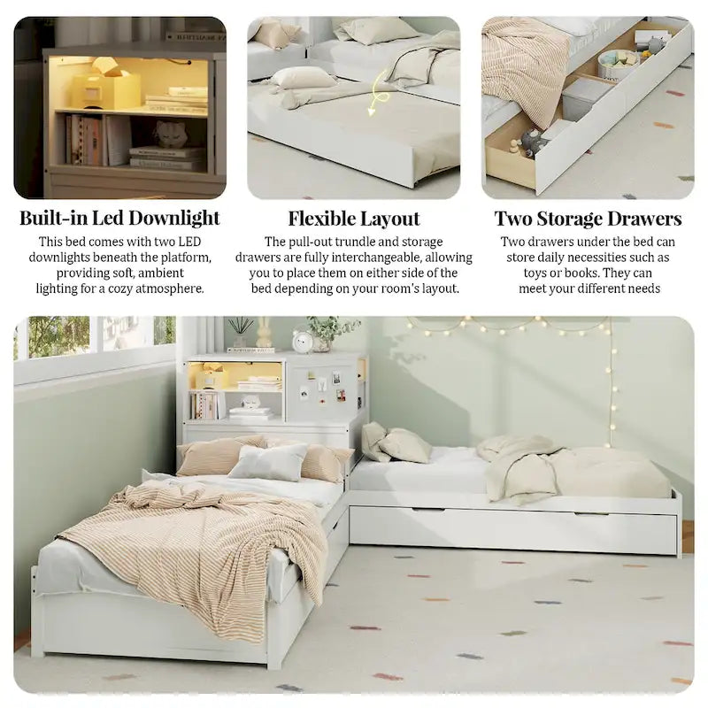 L-shaped Twin Size Floor Bed with Trundle and Drawers, 3-in-1 Corner Low Profile Platform Bed with Bookcase Built-in Downlights