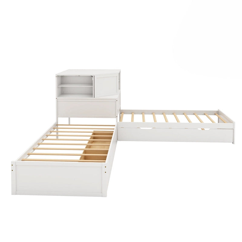 L-shaped Twin Size Floor Bed with Trundle and Drawers, 3-in-1 Corner Low Profile Platform Bed with Bookcase Built-in Downlights