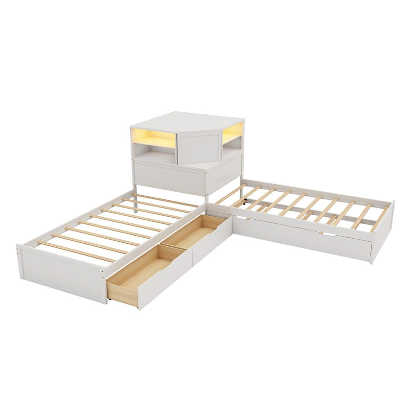 L-shaped Twin Size Floor Bed with Trundle and Drawers, 3-in-1 Corner Low Profile Platform Bed with Bookcase Built-in Downlights