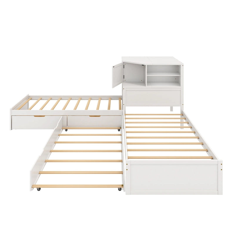 L-shaped Twin Size Floor Bed with Trundle and Drawers, 3-in-1 Corner Low Profile Platform Bed with Bookcase Built-in Downlights