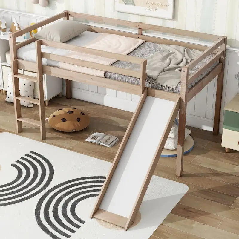 Twin Size Low Loft Bed with Slide, Ladder, Safety Guardrails, and Underbed Play and Storage Space for Boys Girls