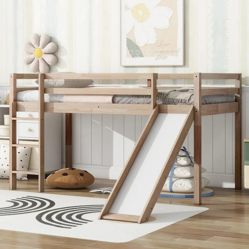 Twin Size Low Loft Bed with Slide, Ladder, Safety Guardrails, and Underbed Play and Storage Space for Boys Girls