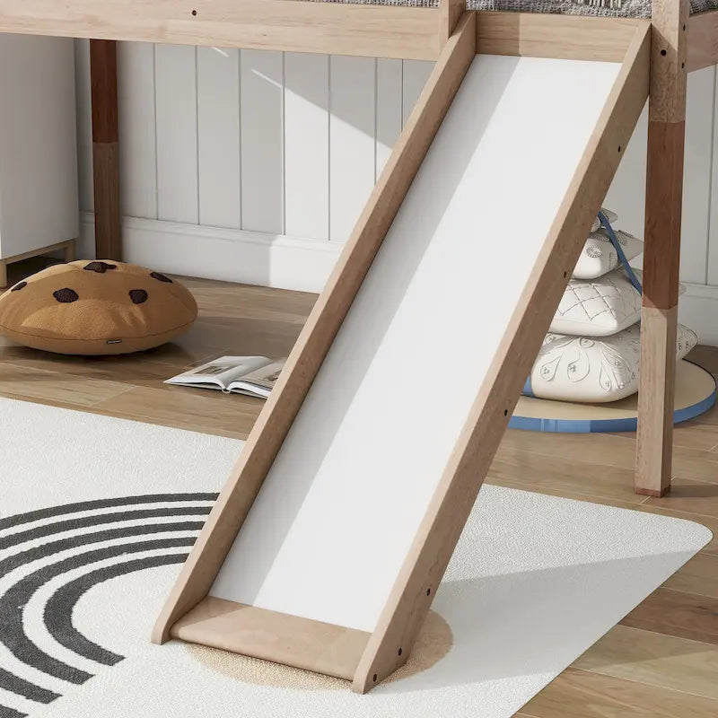 Twin Size Low Loft Bed with Slide, Ladder, Safety Guardrails, and Underbed Play and Storage Space for Boys Girls