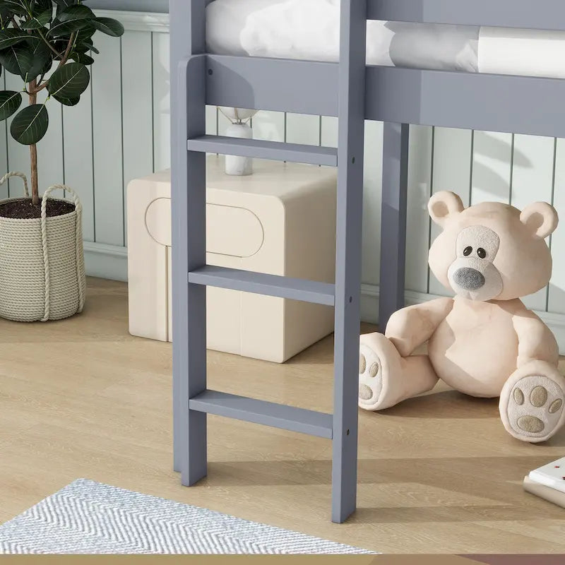 Twin Size Low Loft Bed with Slide, Ladder, Safety Guardrails, and Underbed Play and Storage Space for Boys Girls