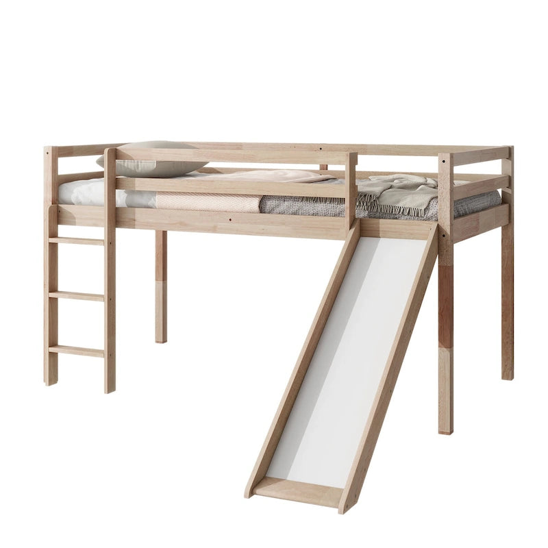 Twin Size Low Loft Bed with Slide, Ladder, Safety Guardrails, and Underbed Play and Storage Space for Boys Girls