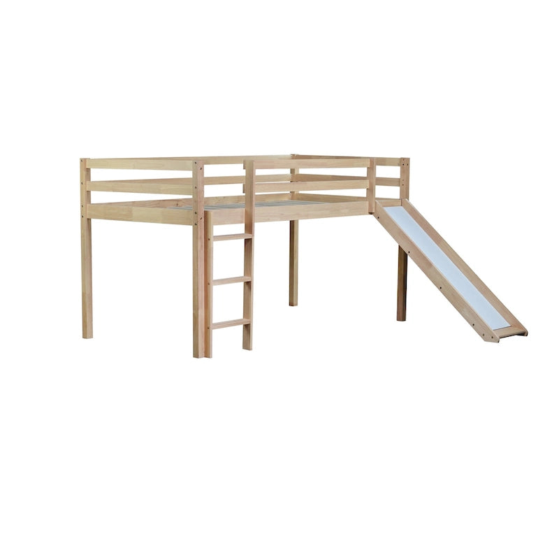 Twin Size Low Loft Bed with Slide, Ladder, Safety Guardrails, and Underbed Play and Storage Space for Boys Girls