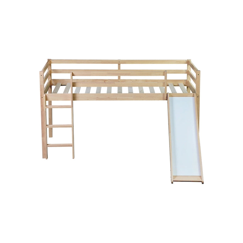 Twin Size Low Loft Bed with Slide, Ladder, Safety Guardrails, and Underbed Play and Storage Space for Boys Girls