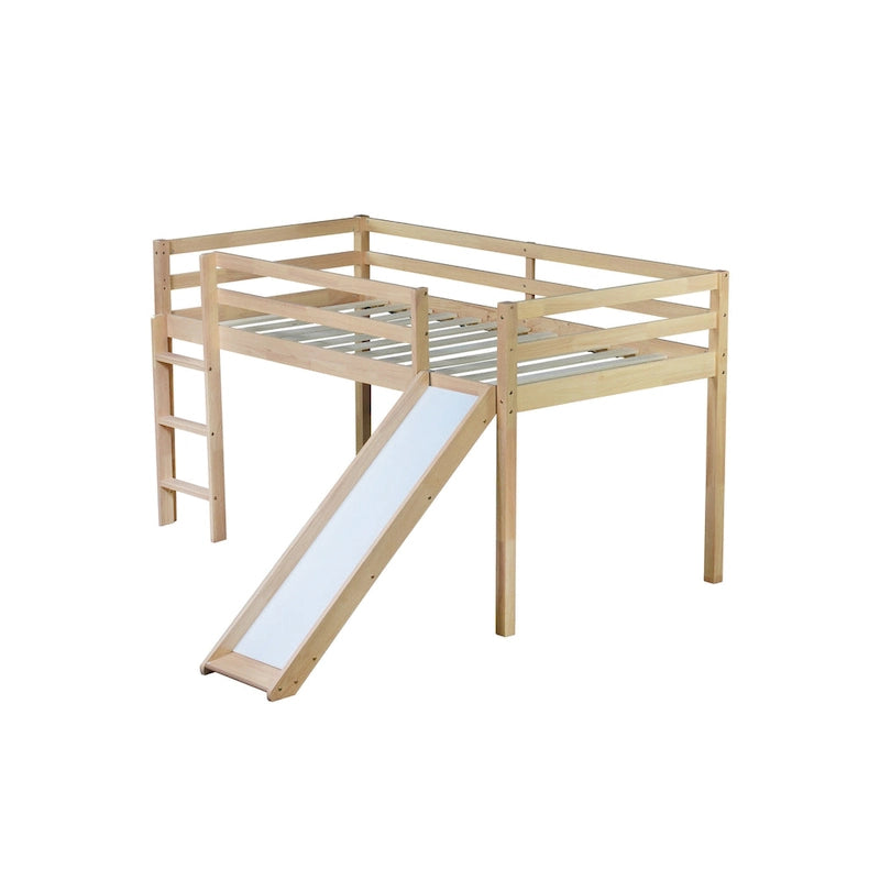 Twin Size Low Loft Bed with Slide, Ladder, Safety Guardrails, and Underbed Play and Storage Space for Boys Girls