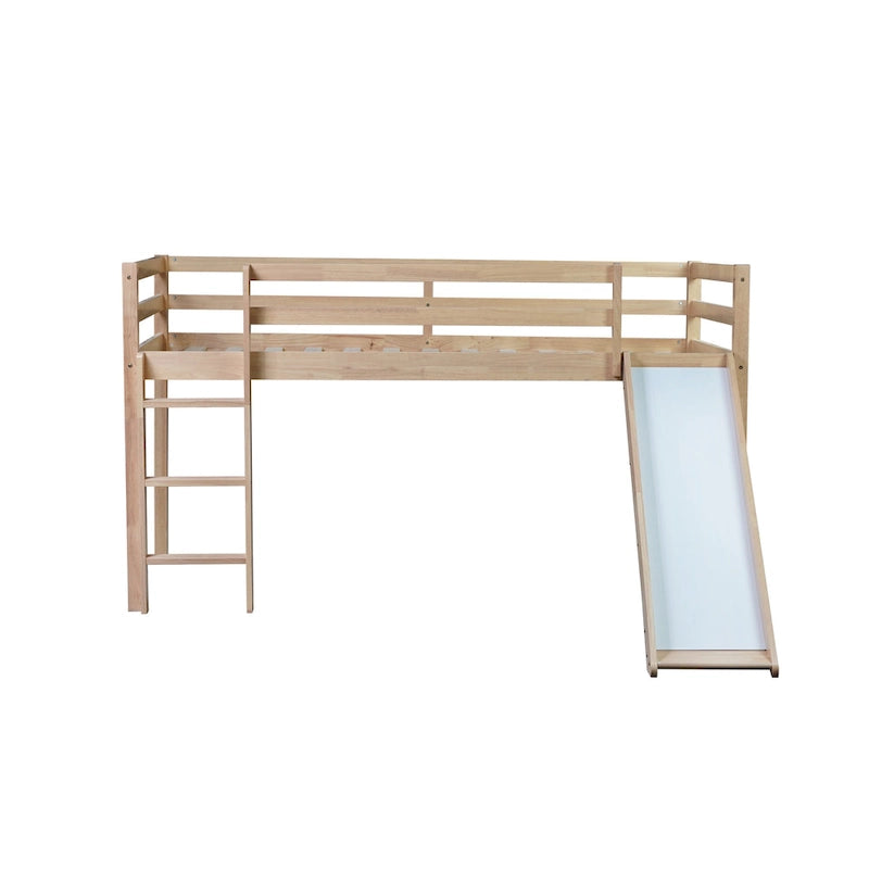 Twin Size Low Loft Bed with Slide, Ladder, Safety Guardrails, and Underbed Play and Storage Space for Boys Girls