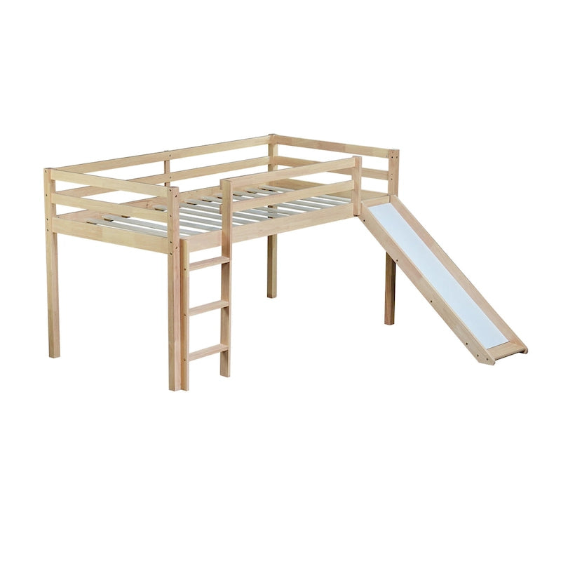 Twin Size Low Loft Bed with Slide, Ladder, Safety Guardrails, and Underbed Play and Storage Space for Boys Girls