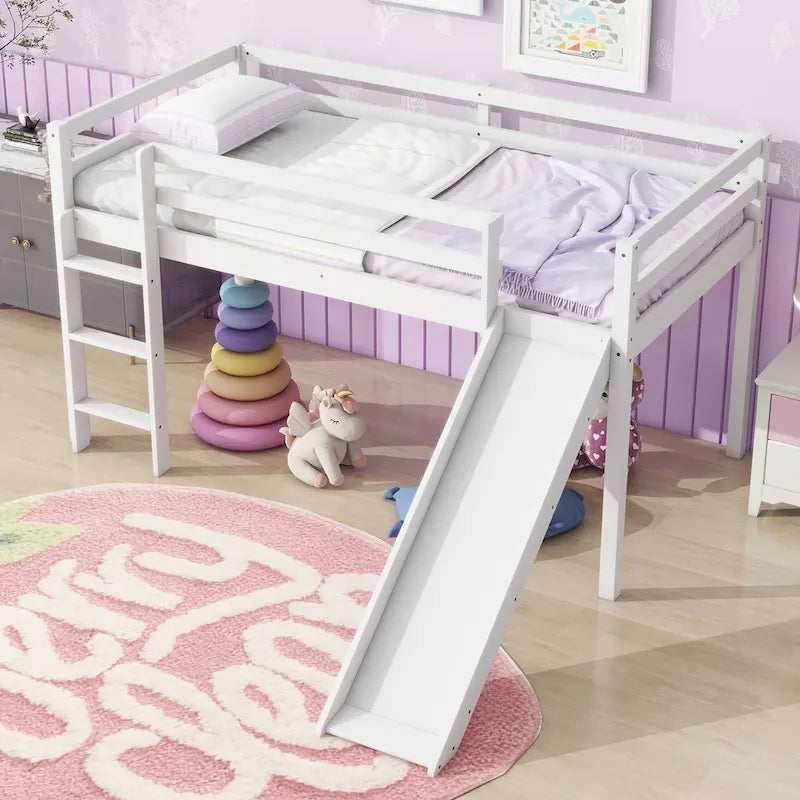 Twin Size Low Loft Bed with Slide, Ladder, Safety Guardrails, and Underbed Play and Storage Space for Boys Girls