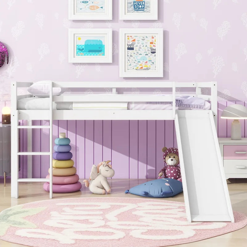 Twin Size Low Loft Bed with Slide, Ladder, Safety Guardrails, and Underbed Play and Storage Space for Boys Girls