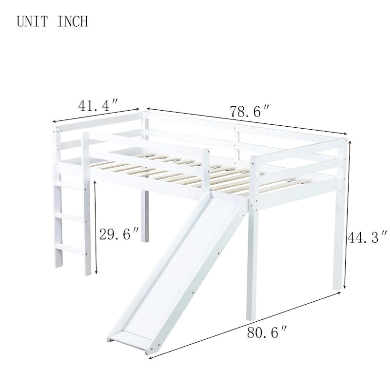 Twin Size Low Loft Bed with Slide, Ladder, Safety Guardrails, and Underbed Play and Storage Space for Boys Girls