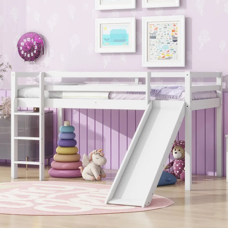 Twin Size Low Loft Bed with Slide, Ladder, Safety Guardrails, and Underbed Play and Storage Space for Boys Girls